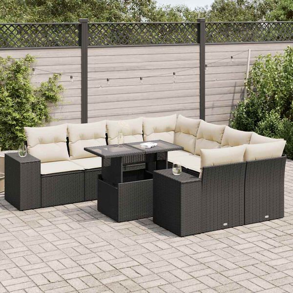 vidaXL 9-delige Loungeset met kussens poly rattan zwart