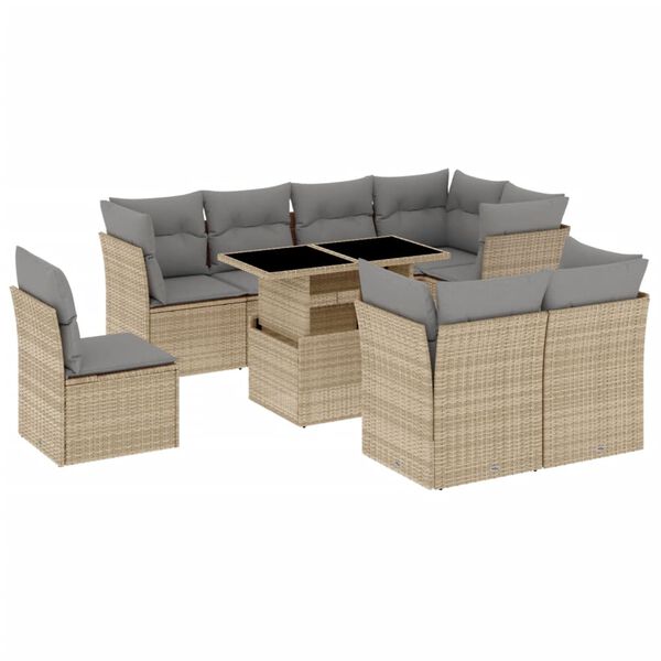 vidaXL 9-delige Loungeset met kussens poly rattan beige