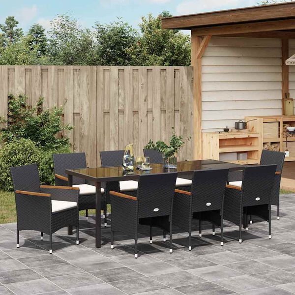 vidaXL Tuin eettafelset met kussen 9 pcs Zwart poly rattan