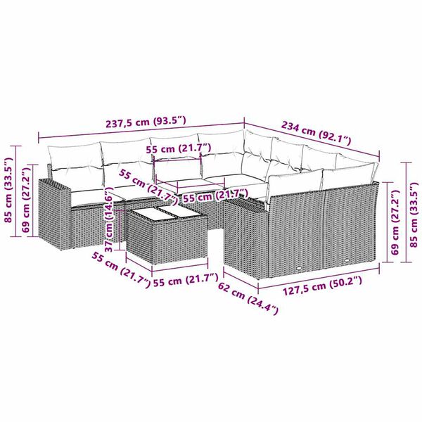 vidaXL 3-delige Loungeset met kussens poly rattan lichtgrijs