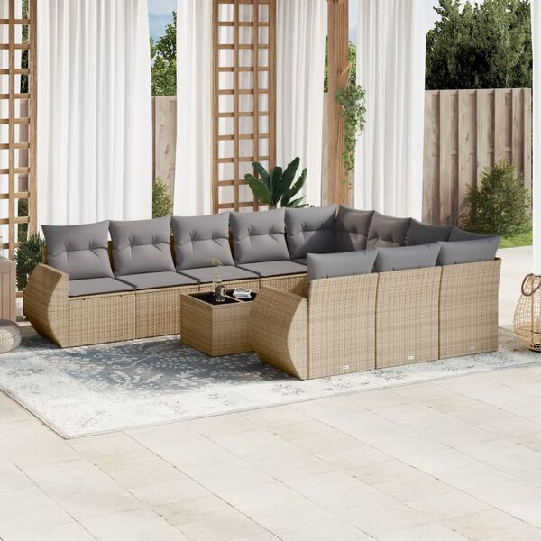 vidaXL 11-delige Tuinset met kussens poly rattan beige
