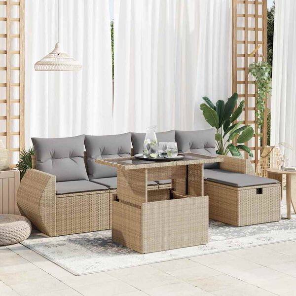 vidaXL 6-delige Loungeset met kussens poly rattan beige