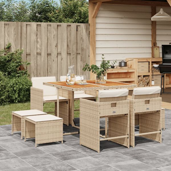 vidaXL 9-delige Tuinset met kussens poly rattan beige