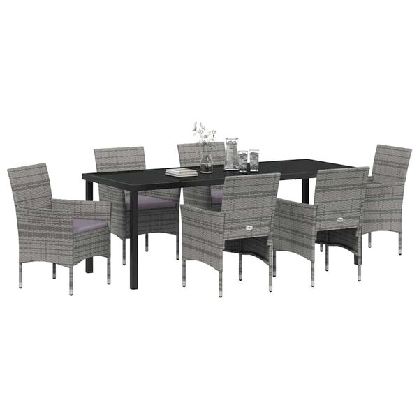 vidaXL Tuin eettafelset met kussen 7 pcs Grijs poly rattan