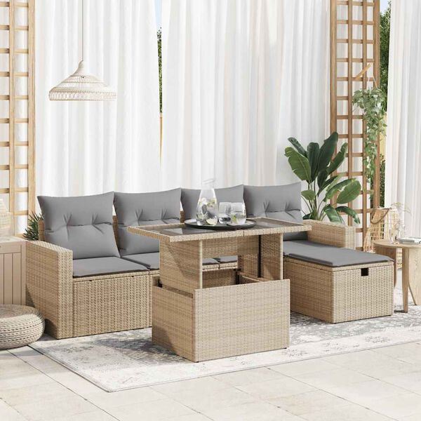 vidaXL 6-delige Loungeset met kussens poly rattan beige