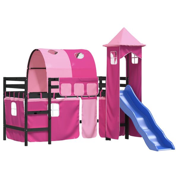 vidaXL Kinderhoogslaper met toren 90x190 cm massief grenenhout roze