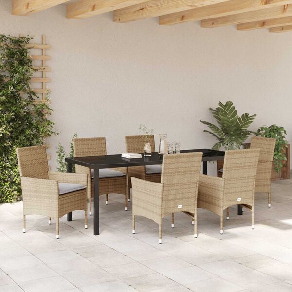 vidaXL Tuin eettafelset met kussen 7 pcs Beige poly rattan