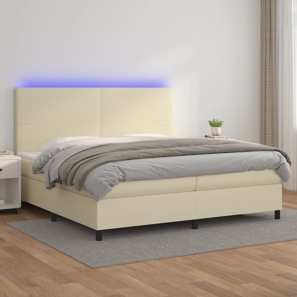 vidaXL Boxspring met matras en LED kunstleer cr&egrave;mekleurig 200x200 cm
