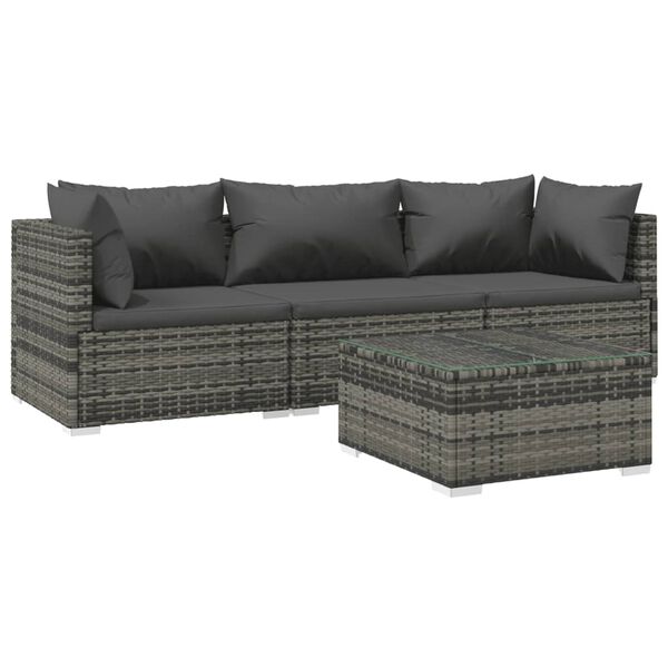 vidaXL 4-delige Loungeset met kussens poly rattan grijs