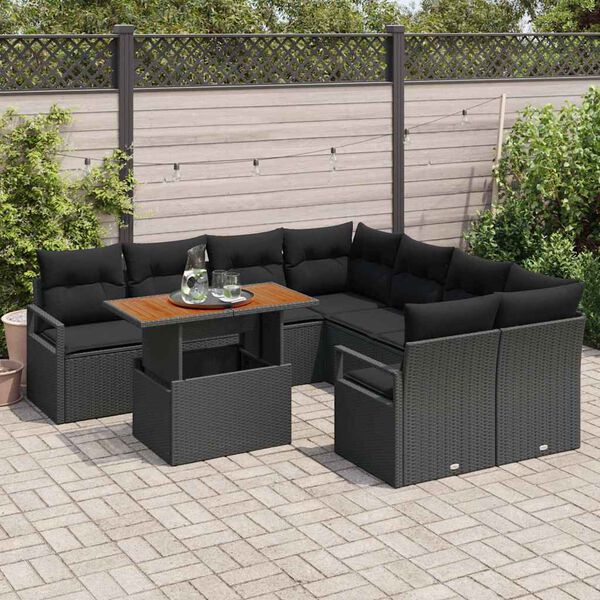 vidaXL Tuin Eetset met kussen met kussen 9 pcs Zwart en Bruin