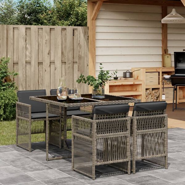 vidaXL 5-delige Tuinset met kussens poly rattan grijs