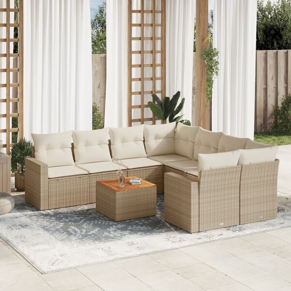 vidaXL 9-delige Loungeset met kussens poly rattan beige