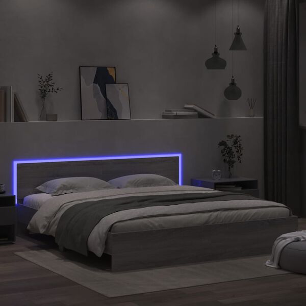 vidaXL Bedframe met hoofdeinde en LED grijs sonoma eiken 200x200 cm