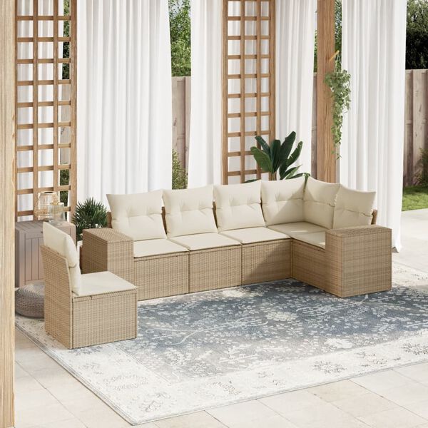 vidaXL 6-delige Loungeset met kussens poly rattan beige