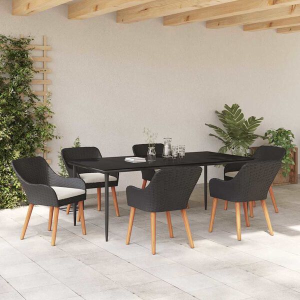 vidaXL Tuin eettafelset met kussen 7 pcs Zwart poly rattan