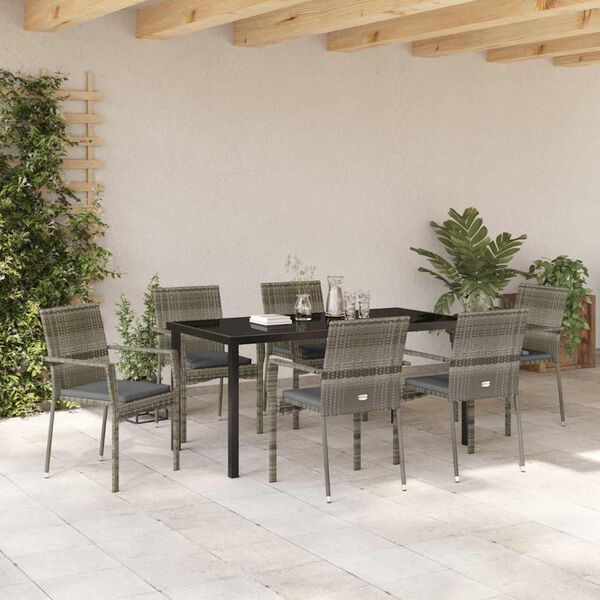 vidaXL Tuin eettafelset met kussen 7 pcs Grijs poly rattan