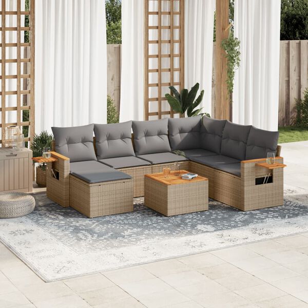 vidaXL 8-delige Loungeset met kussens poly rattan beige