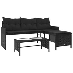 vidaXL Tuinbank met tafel en kussens L-vormig poly rattan zwart