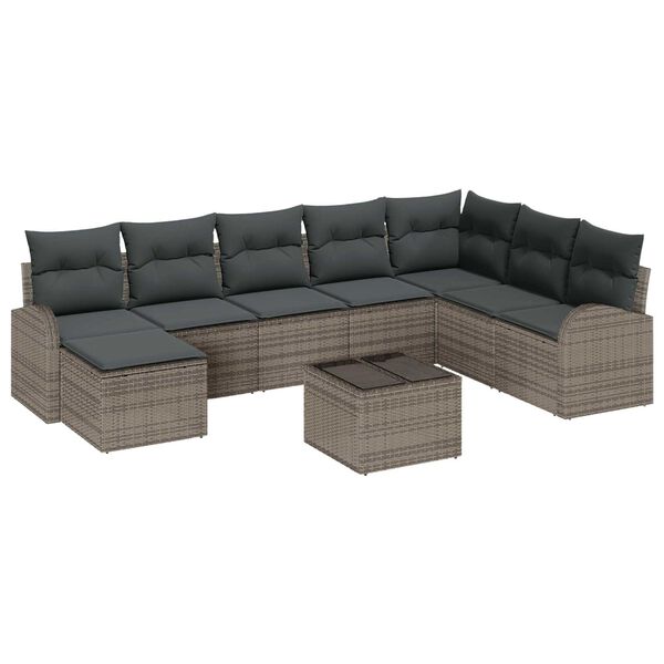 vidaXL Bankstel met kussen met opslag 9 pcs Grijs poly rattan