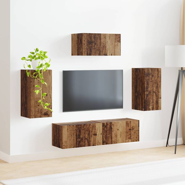 vidaXL Tv-meubelset Wandgemonteerd 5 pcs Oudhout Bewerkt hout