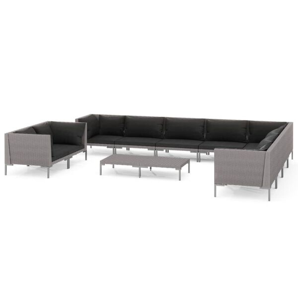 vidaXL 11-delige Loungeset met kussens poly rattan donkergrijs
