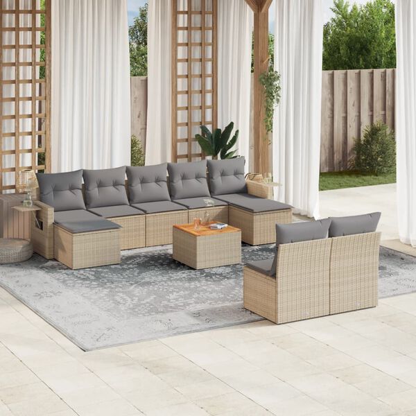 vidaXL 10-delige Loungeset met kussens poly rattan gemengd beige