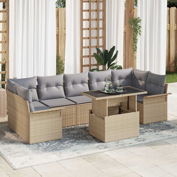 vidaXL Tuin Sofa Set met kussen met opslag 8 pcs Beige Poly riet