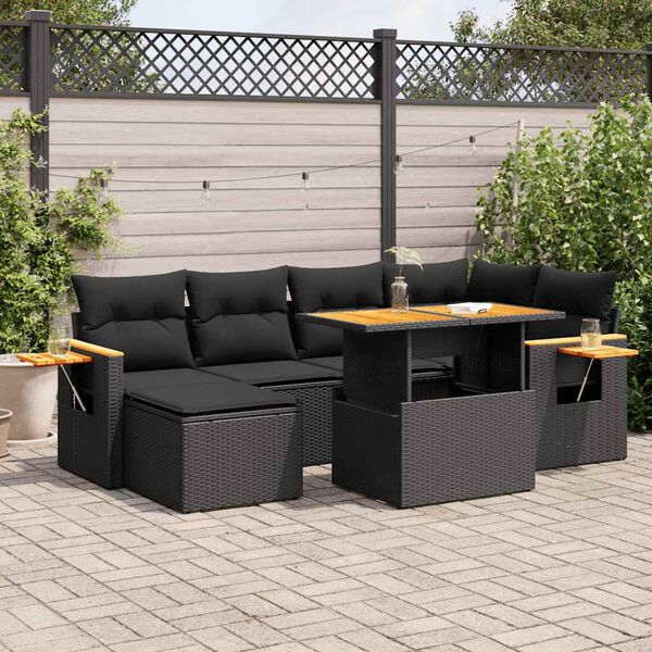 vidaXL 7-delige Loungeset met kussens poly rattan acacia zwart