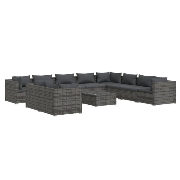 vidaXL 11-delige Loungeset met kussens poly rattan grijs