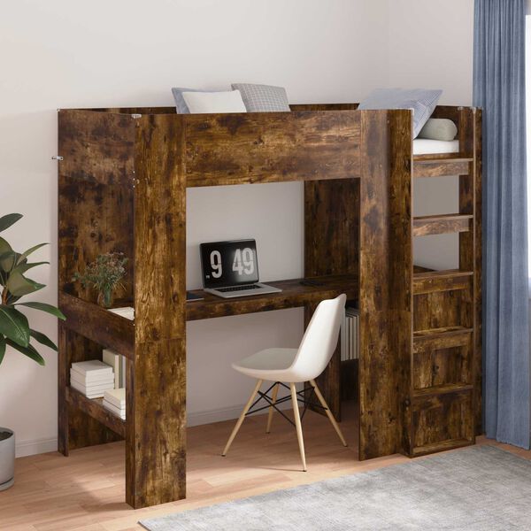 vidaXL Loft Bedframe met Bureau Gerookt eiken 90 x 190 cm Bewerkt hout