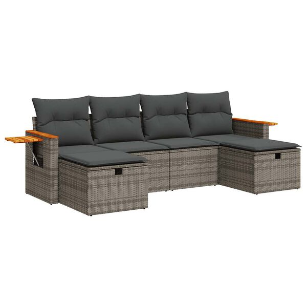 vidaXL 6-delige Loungeset met kussens poly rattan grijs
