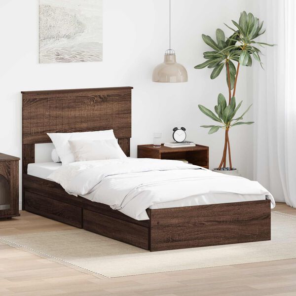 vidaXL Opslag bed met hoofdeinde Bruin Eiken 90 x 200 cm Bewerkt hout