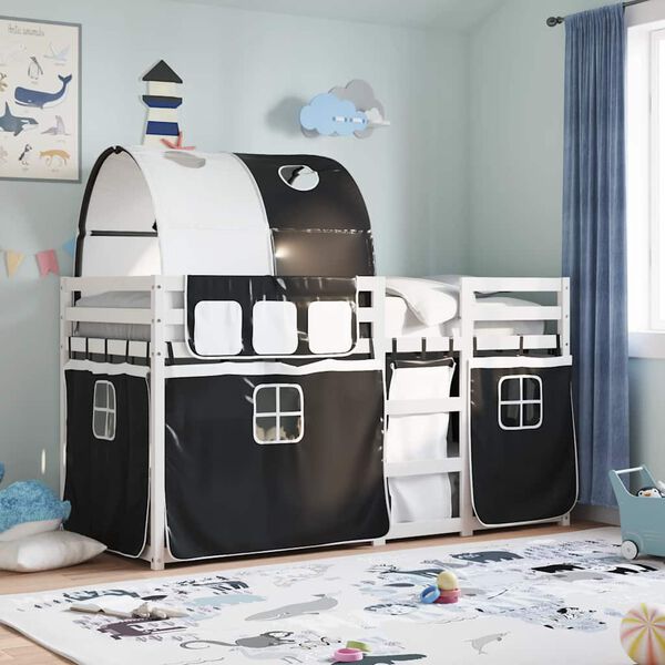 vidaXL Stapelbed met gordijnen 90x200 cm grenenhout wit en zwart