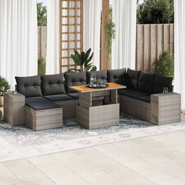 vidaXL 9-delige Loungeset met kussens poly rattan acacia grijs