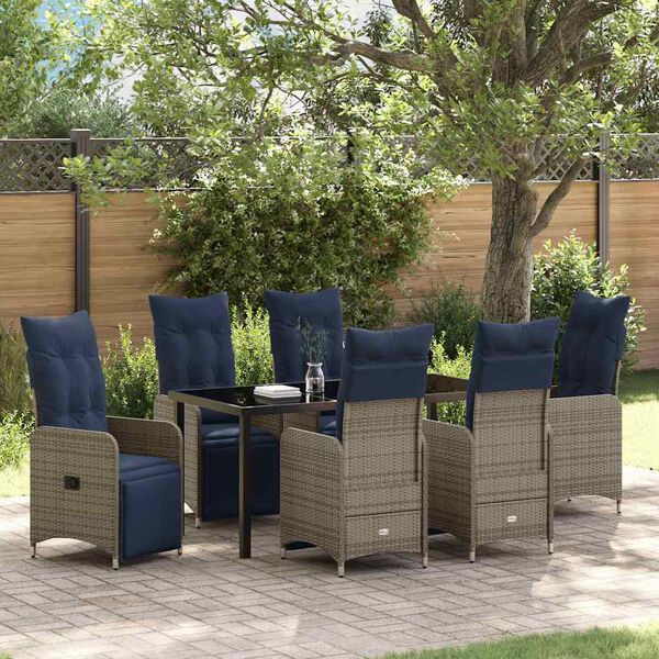 vidaXL Tafel en stoelen set met kussen 7 pcs Grijs PE Rattan
