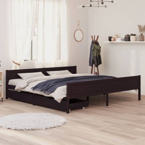 vidaXL Bedframe met 2 lades massief grenenhout donkerbruin 200x200 cm