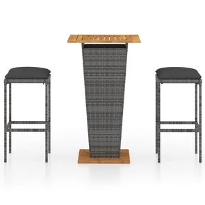 vidaXL 3-delige Tuinbarset met kussens poly rattan grijs