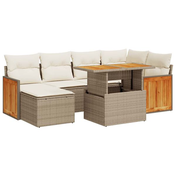 vidaXL 7-delige Loungeset met kussens poly rattan acacia beige