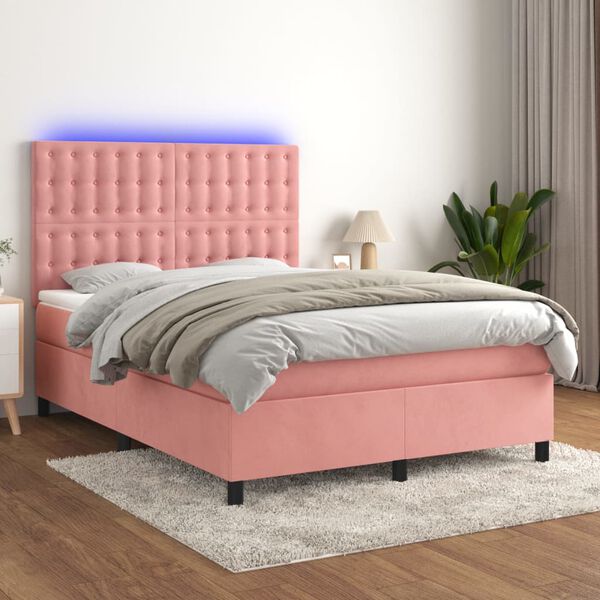 vidaXL Boxspring met matras en LED fluweel roze 140x190 cm