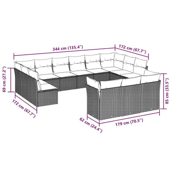 vidaXL 13-delige Loungeset met kussens poly rattan lichtgrijs