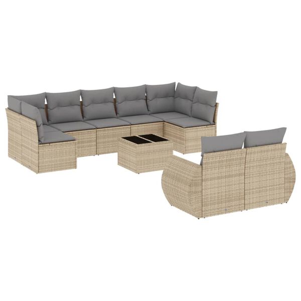 vidaXL 10-delige Loungeset met kussens poly rattan beige