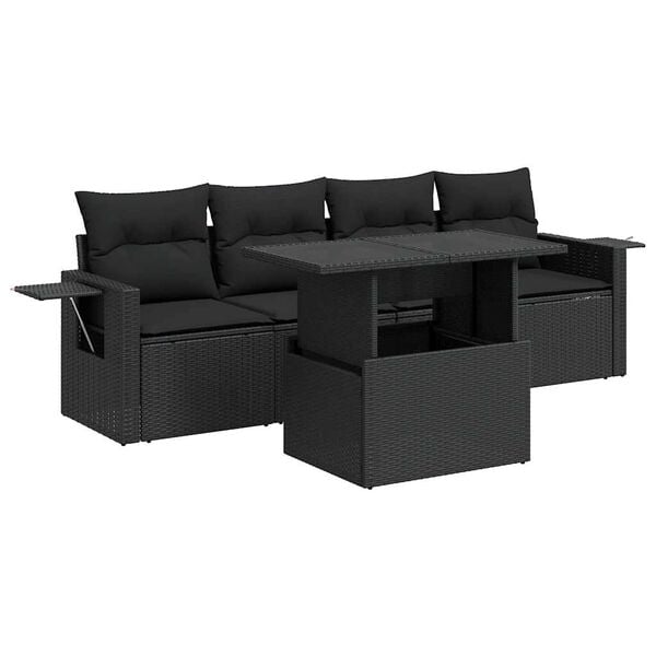 vidaXL 5-delige Loungeset met kussens poly rattan zwart