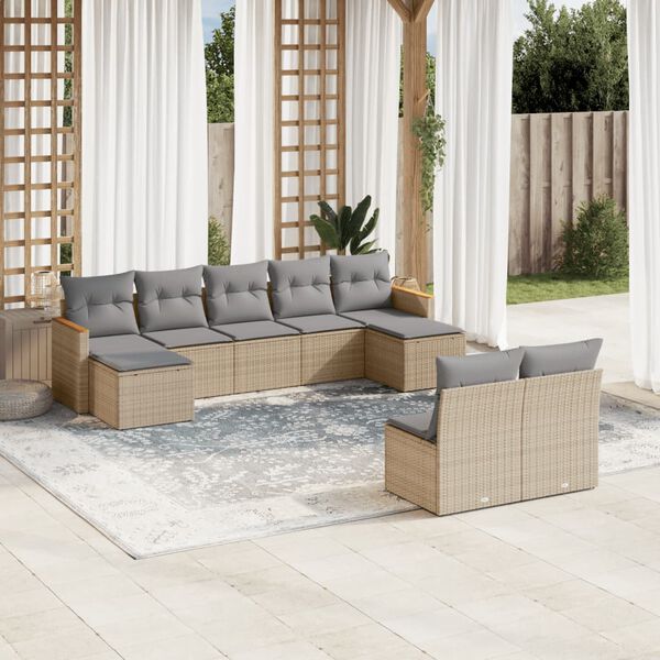 vidaXL 9-delige Loungeset met kussens poly rattan beige
