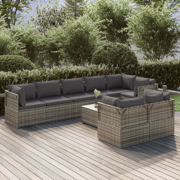 vidaXL 9-delige Loungeset met kussens poly rattan grijs
