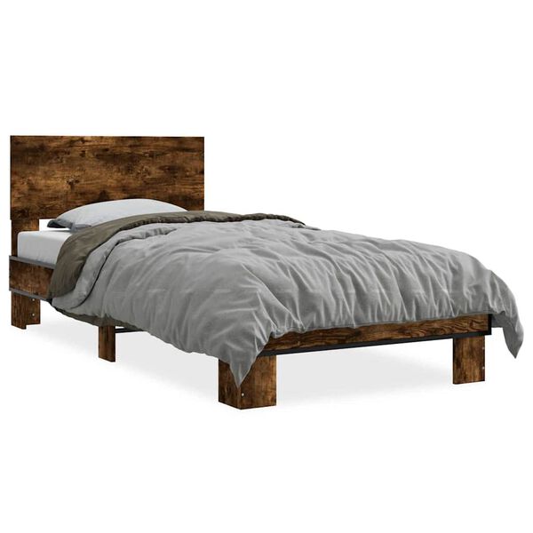 vidaXL Bedframe bewerkt hout en metaal gerookt eikenkleurig 75x190 cm