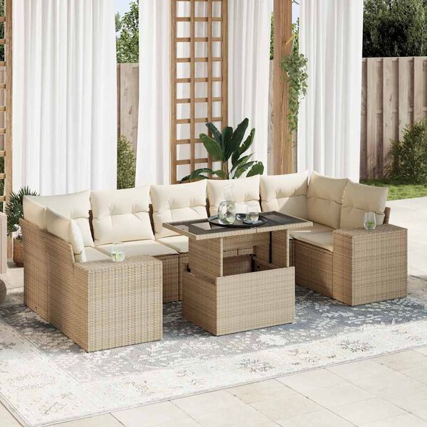 vidaXL 8-delige Loungeset met kussens poly rattan beige
