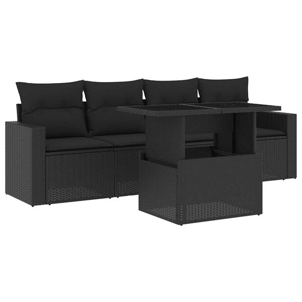 vidaXL 5-delige Loungeset met kussens poly rattan zwart
