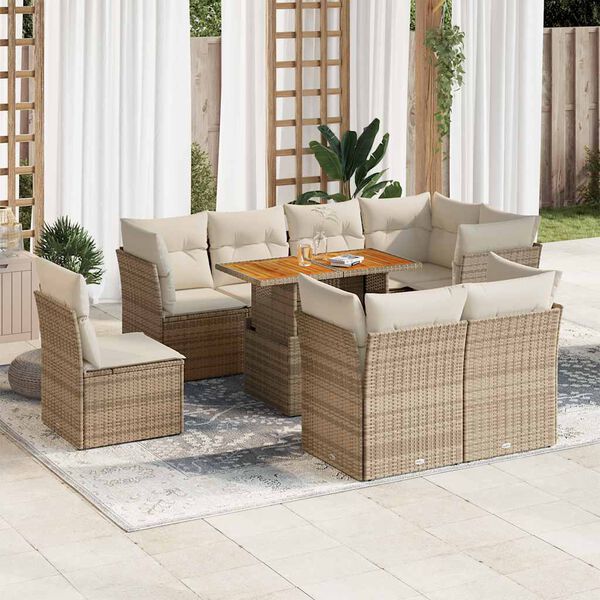 vidaXL 9-delige Loungeset met kussens poly rattan beige