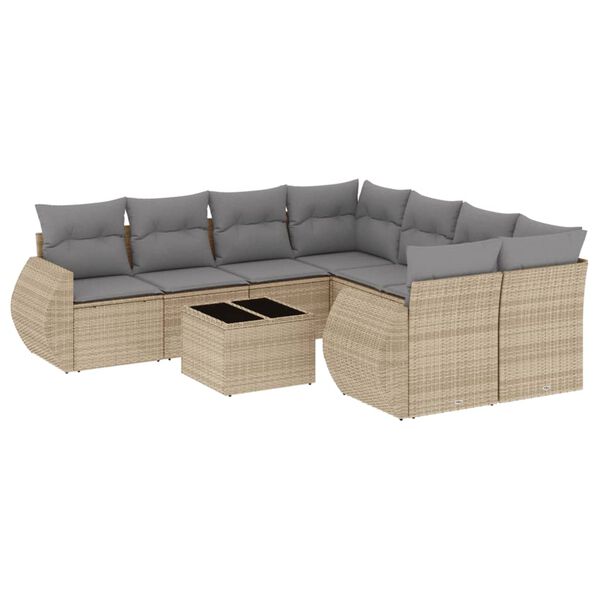 vidaXL 9-delige Loungeset met kussens poly rattan beige