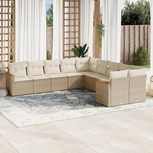 vidaXL 10-delige Loungeset met kussens poly rattan beige
